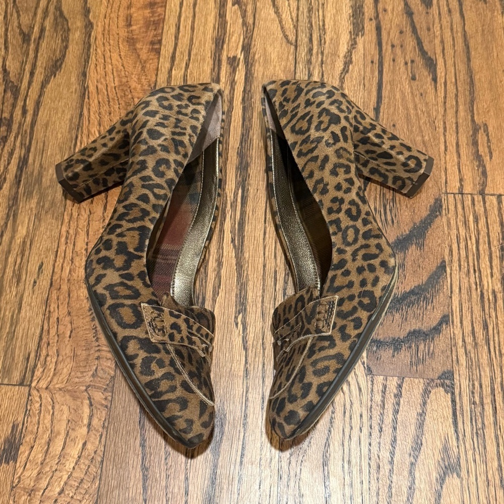 Aquatalia Leopard Print Brown Suede Block Heel Pumps